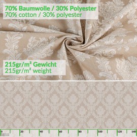 Fabric Tablecloth, Textile Table Linen, Cotton Polyester, Washable, Plain Ornamental Damask Jacquard Fabric, Washable, Baroque Beige, 100 x 140 cm, Cut Edge