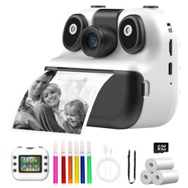 Kids Instant Print Camera, Holiday Birthday Gifts Portable Toys for 3-12 Years Old, Printable, Photo, Video, Game, Music with 32GB SD Card - Black and White