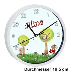 CreaDesign WU-30-1017 Forest Animals Wall Clock for Children's Room, Silent Movement without Ticking, Customisable with Name, White Frame, Diameter 19.5 cm