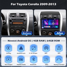[4+64G] Hikity Android Car Stereo for Toyota Corolla 2009 2010 2011 2012 2013 with Wireless Carplay Android Auto, 9 Inch Touch Screen Radio with Mirror Link Bluetooth WiFi Backup Cam SWC