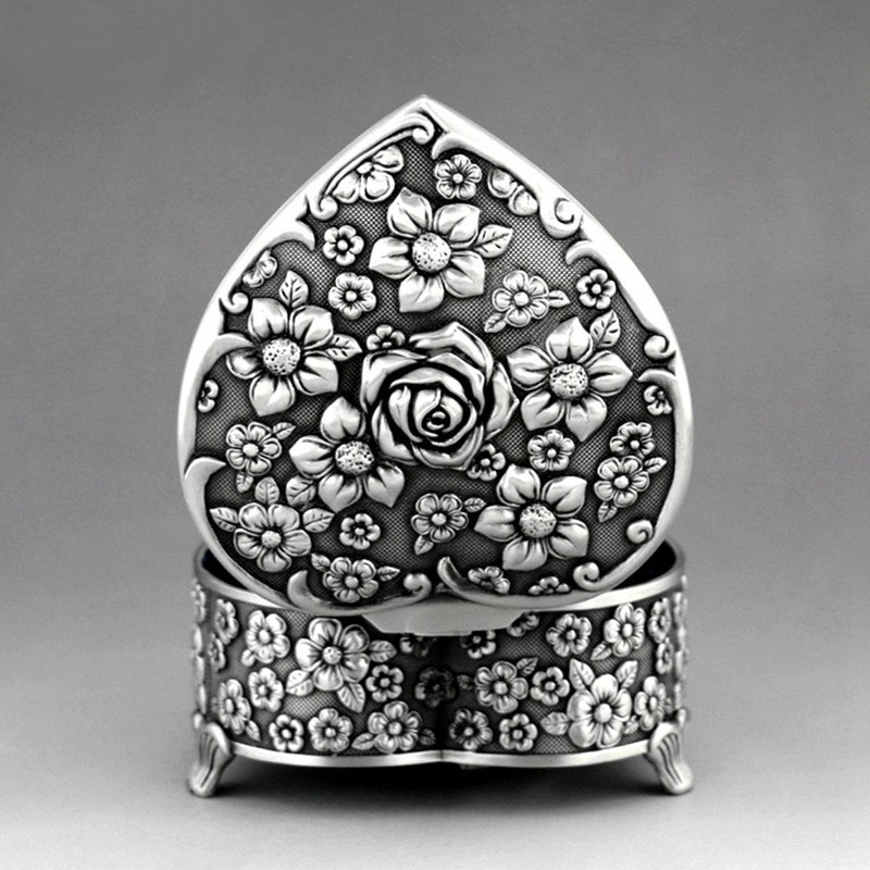 Youtang Heart-Shaped Emboss Rose Alloy 18-Note Wind-up Musical Box Music