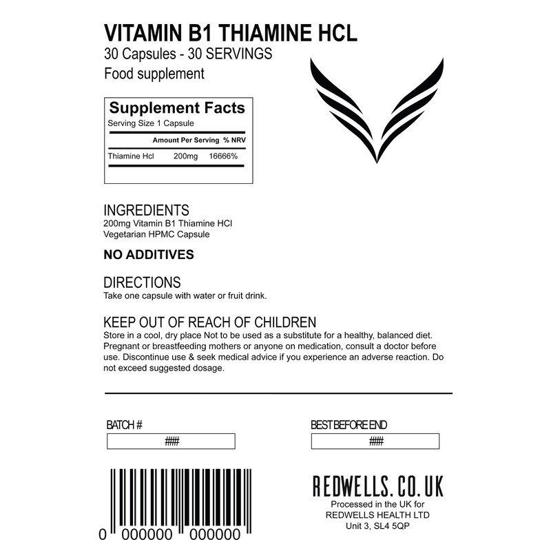 Vitamin B1 Capsules Thiamine REDWELLS No Additives High Strength 200mg