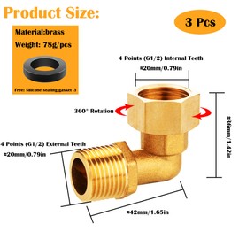 3 pieces brass movable screw connection 1/2 inch, brass angle 90°, 1/2 inch female thread/male screw connection made of brass, DN15 90 degree angle fitting for drinking water, suitable for central