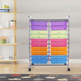 LAZYMOON Rolling Storage Cart Utility Organizer Plastic Drawer Cabinet with 20 Semi-Transparent Drawers