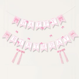 Bow Happy Birthday Banner kit for Girls 13th16th 21th 25th Birthday Bridal Shower Bachelorette Party Decor Coquette Aesthetic Theme Supplies Decorations(Checkered Pink)