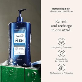 Suave Men Ocean Charge 2 in 1 Refreshing Shampoo & Conditioner with Pro Vitamin B5, Hydrates & Revitalizes Hair, Ocean Fresh Scent, 4 Count, 40 FL OZ 