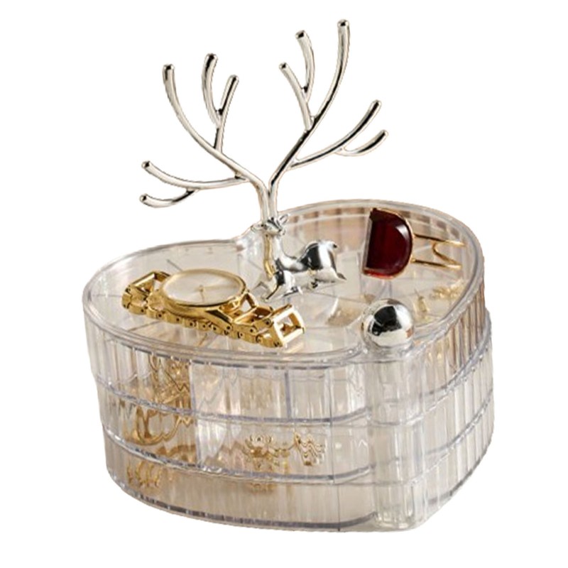 Rotating Jewelry Box with Lid Deer Antler Decoration 3 Layer