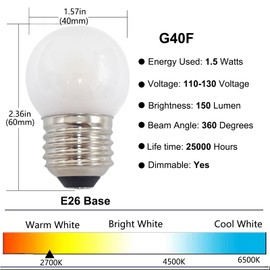 G40 1.5w Low Wattage Led Bulb,Equivalent 15 Watt Standard E26 Base G14 Small Low Power Frosted Light Bulb for Ceiling Fan,Table Lamp,Pendant Fixtures,Vanity ,Warm White 2700k,Dimmable,Pack of 2