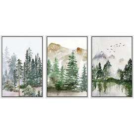 SIGNWIN Framed Canvas Print Wall Art Set Pastel Mountain Range Forest Mist Nature Wilderness Illustrations Modern Art Decorative Rustic Calm/Zen for Living Room, Bedroom, Office - 24"x36"x3 White