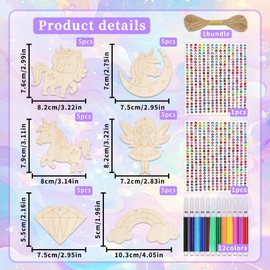 24Pcs Unicorn Theme Unfinished Wooden Craft Set - 6 Types Wood Blank Ornaments of 4 Each with Markers, Stickers and Rope - DIY Wood Cutouts for Birthday Party Favors, Christmas and Room Decor