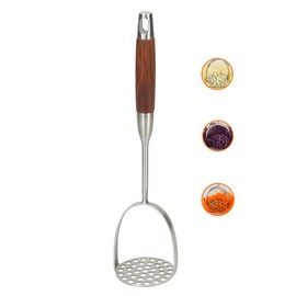Brigii Potato Masher with Non-Slip Wooden Handle, Dual Arc for Easy, Labor-Saving Mashing, 304 Stainless Steel, Sturdy and Durable One-Piece Potato Press, Dishwasher Safe, for Potatoes and More