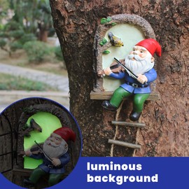 Colomix Gnome Tree Hugger, Funny Musical Gnome Garden Sculpture, Whimsical Fairy Tree Face/Stump Decor, Resin Outdoor Statue, Luminous Elf Peeker Yard Art, Handcrafted Unique Ornament Presents