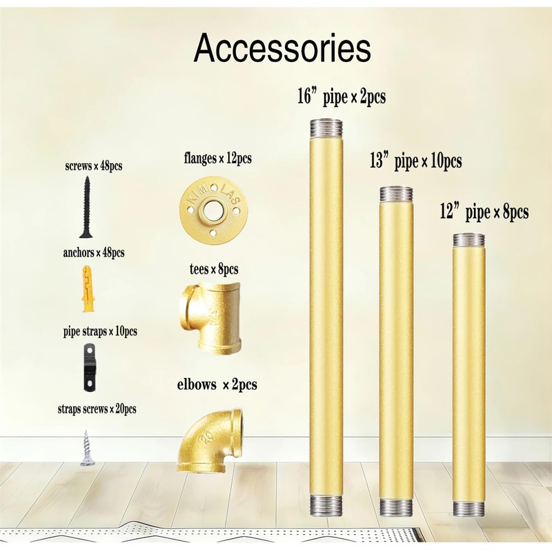Gold Industrial Wall Mount Iron Pipe Shelf Bracket,DIY Open Bookshelf,Storage