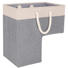 SAM AND MABEL Stairway Storage Basket, Premium Linen Material, Lightweight and Sturdy, Foldable, 16"L x 10"W x 16"H, Lite Cream and Gray