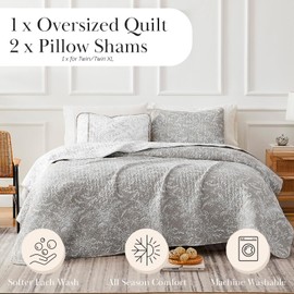 Southshore Fine Living, Inc. Oversized Bedspread Full Size, Printed Quilt Queen Size Bedding Set, Botanical and Lightweight Coverlet, Floral Bed Set, All Season Full/Queen Quilts, Reversible Grey