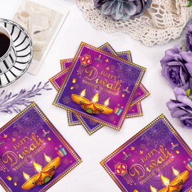 50 Pcs Happy Diwali Party Decoration, Purple Gold Disposable Napkins for Home Decoration, Fireworks Candles Festival of Lights Theme for Party Decorations Supplies