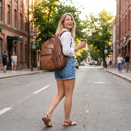Bluome Work Backpack for Women Men, Laptop Vegan Leather Backpack Purse with 15.6–17 Inch Laptop, Multi-Pocket Bookbag for Office Travel Gym Weekend Overnight Bag, Brown