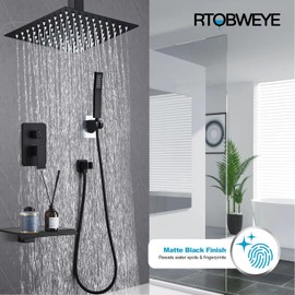 RTOBWEYE 8 Inch Shower Faucet Set, Ceiling Mounted Rainfall Shower System with High Pressure Handheld Shower Head, Bathroom Mixer Shower Set Rough-in Valve and Trim Kit, Matte Black, with Tub Spout