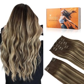 DOORES Human Hair Extensions Clip in, Balayage Chocolate Brown to Honey Blonde, 150g 9pcs 20 Inch, Remy Thick Hair Extensions