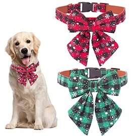 2 Pack Christmas Dog Collar with Bow Tie, Classic Plaid Red Green Dog Collars with Removable Bowtie Christmas Collars for Small Medium Large Dogs Pets (Small)