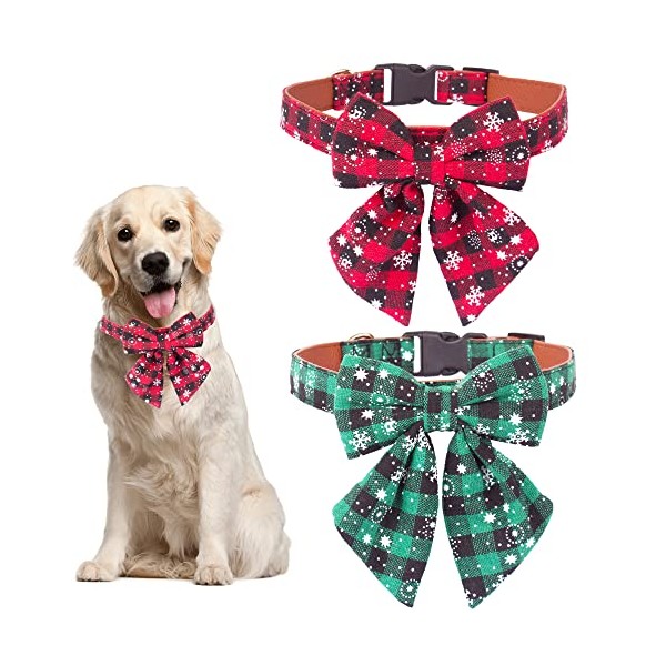 2 Pack Christmas Dog Collar with Bow Tie, Classic Plaid