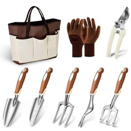 Garden Tools Set, ABRFC 8 PCS Aluminum Alloy Steel Hand Tool Gift Kit with Garden Bag, Heavy Duty Gardening Tools, Gardening Gifts for Women & Men (Brown)