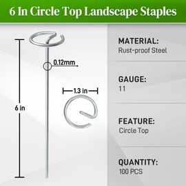 Quibbay 100 Pcs Circle Top Landscape Staples, 11 Gauge Landscape Fabric Pins, Not Easy to Bend 6 inch Galvanized Landscape Fabric Stakes, Garden Stakes for Landscaping, Heavy Duty Ground Stakes