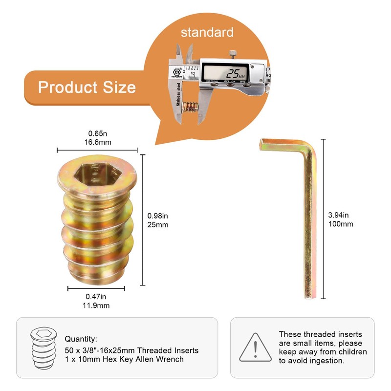 3/8"-16 x 25mm Threaded Inserts for Wood, Hex Drive Wood