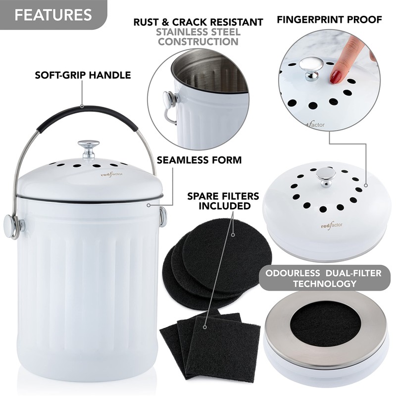 RED FACTOR Premium Compost Bin for Kitchen Countertop - Stainless