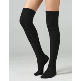Women's Cable Knitted Thigh High Socks Extra Long Winter Stockings Knee High Leg Warmers Black