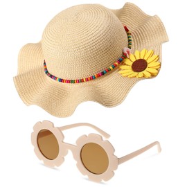 Summer Straw Hat for Girls Large Brim Sunflower Beach Hat Cute Flower Sun Hat with Flower Round Sunglasses (Beige)