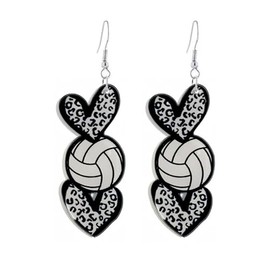 Acrylic Sports Ball Heart Shaped Dangle Drop Earrings for Women Cute Football Basketball Volleyball Baseball Softball Leopard Print Love Shape Earrings Sport Game Day Jewelry Gift-Volleyball