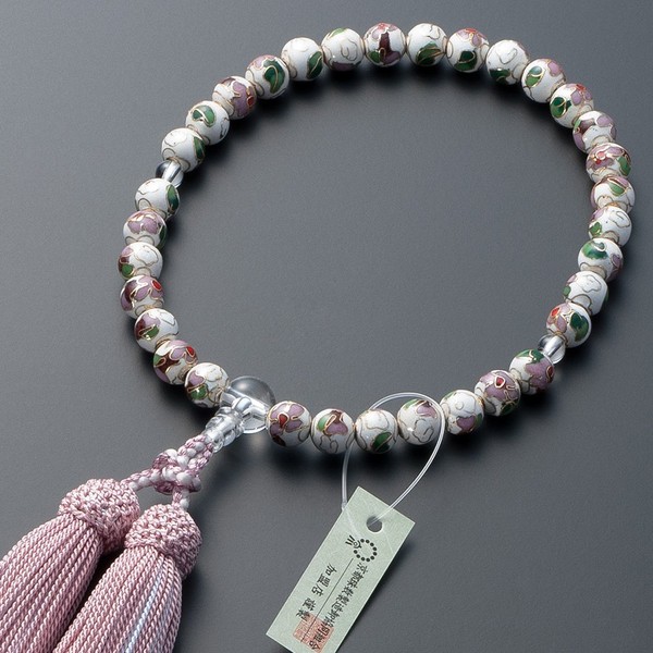[Butsudanya Takita Shoten] Kyoto Prayer Beads, For Women, Cloisonne Ware (White) Genuine Crystal Tailor, 0.3 inch (8 mm) Ball, Pure Silk Head Tassel with Bead Bag, Can Be Used in All Sects,
