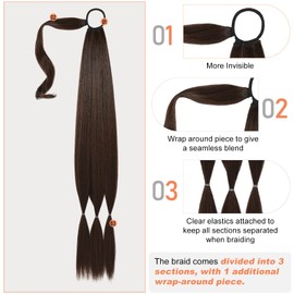 SEIKEA Upgraded Long Braid Ponytail Extension with Elastic Tie Straight Sleek Wrap Around Braid Hair Extensions Ponytail Black Mixed with Browns 34 Inch (After Braided 30 Inch)