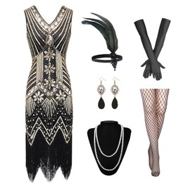 GOHOY Women's 1920S Sequin Fringed Flapper Dress with Roaring 20s Accessories,M