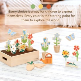 KizKnows Wooden Toy Flower Garden Set Natural Gardening Toy Playset for Toddlers Pretend Play Wooden Toy Food Set Indoor Garden Educational Gift for Girls Boys 3 Years and Up