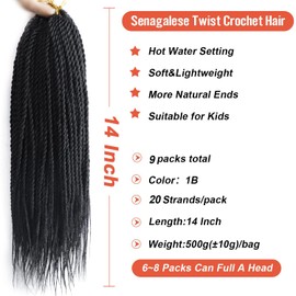 VIOLET Senegalese Twist Crochet Hair For Kids Black Women 14 Inch Pretwisted Short Crochet Hair 20 Strands A Pack Crochet Braids For Black Women 9 Packs (14 Inch,1B)