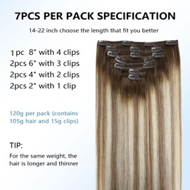 COOKAYU Clip in Extensions Real Human Hair Invisible Hair Extensions Clip in Human Hair 14inch 7pcs 120g Walnut Brown to Ash Brown and Blonde Remy Clip in Hair Extensions（#3/8/22-14inch）