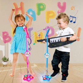 Kids Karaoke Machine with Adjustable Microphone Stand for Kids Standing Mic,Flashing Light Base,Piano Keyboard 14 Keys,Portable Keyboard Guitar Birthday Gifts for Age 3+ Boy Girls,Keytar (Blue)