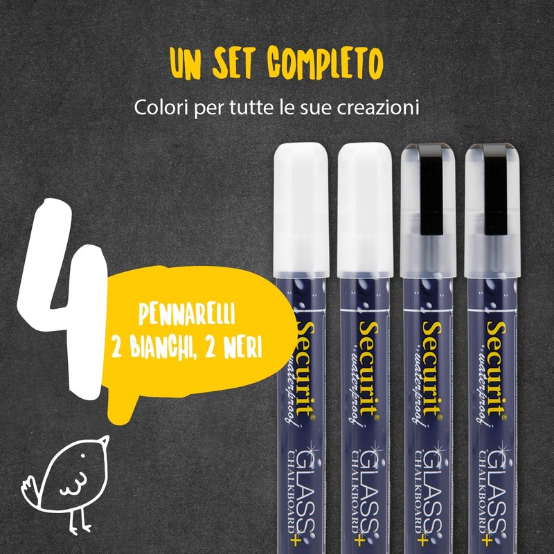 Securit Waterproof Glass + Chalkboard Markers, Medium Nib, Wallet 4-Pack,