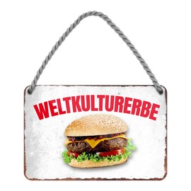 Weltkulturerbe Hamburger - Metal Sign with Cord and Suction Cup - Sign for Connoisseurs and Gourmets - Decoration for Kitchen Burger Shop Food Truck Snack American Diner Burger Restaurant Pub - 18 x