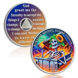 Sunflower Skeleton Sobriety Coin - Reborn in Fire AA Medallion, Alcohol Free Recovery Chip with Serenity Prayer - Alcoholics Anonymou Sobriety Gifts for Men Women