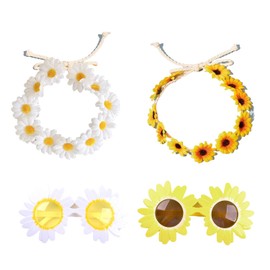 2 Daisy Hair Bands and 2 Glasses with Daisy Flowers, Fashion Garland Hair Band Floral Wreath Daisy Accessories for Women and Girls Elastic Fasteners Adjustable Travel