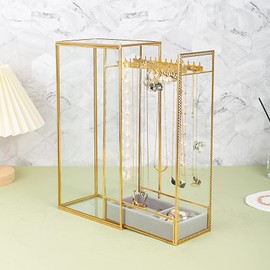 Glass Necklace Organizer Holder, Jewelry Organizer Necklace Holder with Hanging Hooks, Glass Necklaces Display Case for Storage Rings Earrings