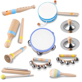 Montessori Musical Instruments for Toddlers, Wooden Baby Music Set with Drum, Flute, Clarinet, Chime Bar, Bells Cymbals, Natural Sensory Learning Toys for Boys Girls 1-3 Years Old