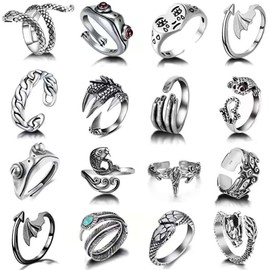 Lopsity 16PCS Vintage Silver Open Gothic Rings Set for Women Men,Adjustable Bulky Knuckle Rings Set Punk Gothic Stackable Rings Frog Snake Skull Smiley Angel Wing Boho (A)
