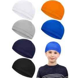 Geyoga 6 Pieces Football Skull Caps for Kids Youth Under Helmet Sports Wicking Cap Running Hat Milk Silk Helmet Liner in Simple Style (White, Grey, Dark Blue, Orange, Navy Blue, Black)