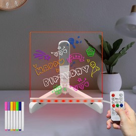 Masshomi Dry Erase Board with Stand RGB 7 Color Change Remote Control 7 Markers Light up Message Note Board for Kid Bar School Home（5.9 * 5.9 inch