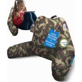 ComfortSpa Reading Pillow for Kids Teens Adult, Back Rest Pillow with Arms, Pockets, Washable Cover; Use as Back Pillow for Bed Sitting Up for Bedrest, Relief from GERD Heartburn (Standard Camouflage)