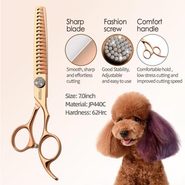 FOGOSP Rose Gold Titanium Chunkers Dog Grooming Scissors 7'' Professional Thinning Shears for Dogs Shih Tzu Teddy Pet Japanese 440C 70% Thinning Rate 18 Teeth(7,Chunker)
